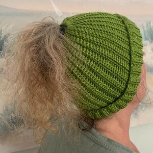#4 MESSY Bun-Ponytail Beanie Hand Crocheted Green Sparkle